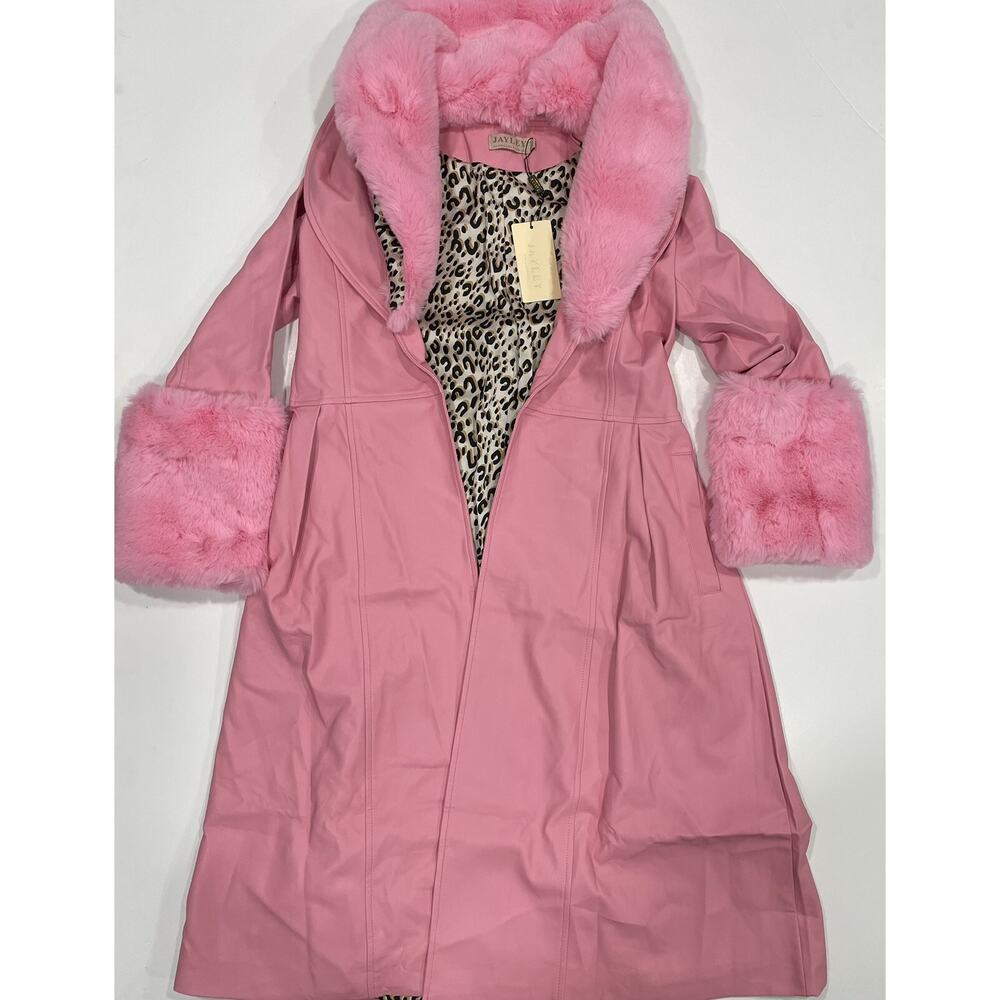 JAYLEY Pink Trench Style Belted Coat with Faux Fur Cuffs and Collar S/M